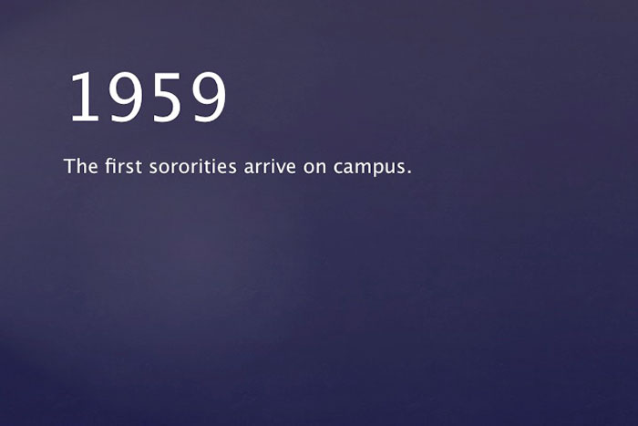 1959: The first sororities arrive on campus.